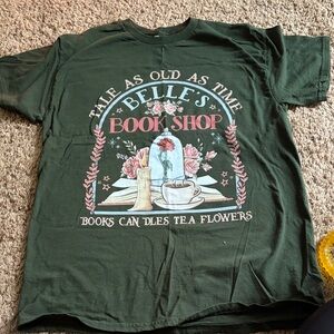 Green Graphic Tee with Book Shop Design